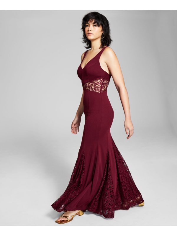 TRIXXI Womens Maroon Lace Zippered Partially Lined Godet Sleeveless V Neck Maxi Formal Gown Dress Online now