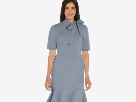 ADRIANNA PAPELL Womens Blue Stretch Zippered Darted Crepe Ruffled Hem Short Sleeve Tie Neck Above The Knee Formal Sheath Dress Online