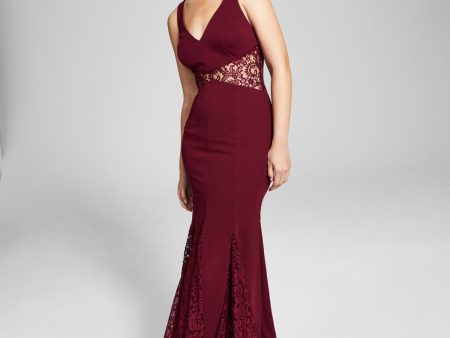 TRIXXI Womens Maroon Lace Zippered Partially Lined Godet Sleeveless V Neck Maxi Formal Gown Dress Online now