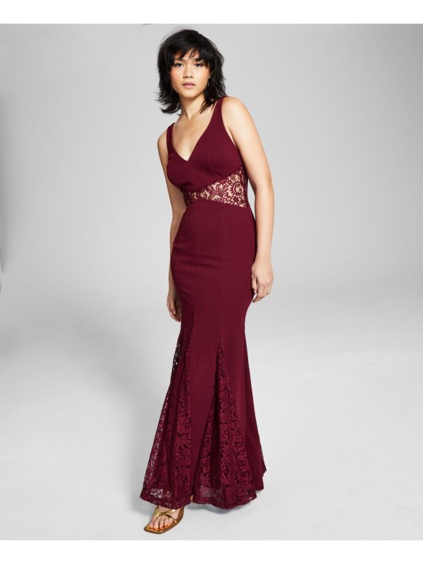 TRIXXI Womens Maroon Lace Zippered Partially Lined Godet Sleeveless V Neck Maxi Formal Gown Dress Online now