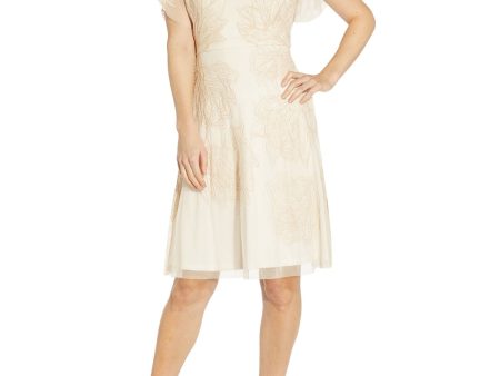 ADRIANNA PAPELL Womens Beige Embellished Zippered Lined V Back Sheer Embroidered Flutter Sleeve V Neck Knee Length Cocktail Fit + Flare Dress For Cheap