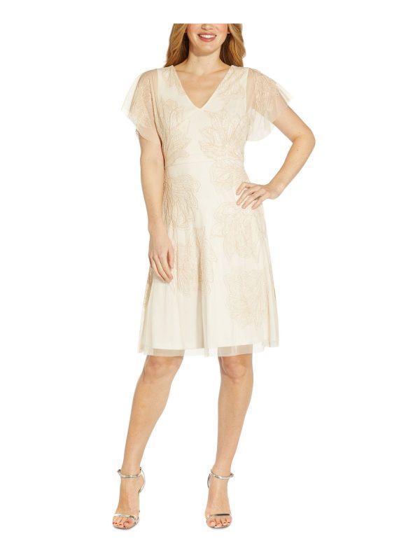 ADRIANNA PAPELL Womens Beige Embellished Zippered Lined V Back Sheer Embroidered Flutter Sleeve V Neck Knee Length Cocktail Fit + Flare Dress For Cheap