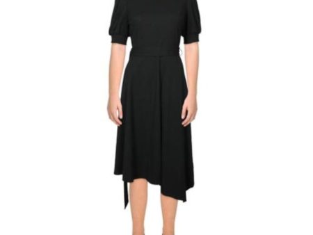 KARL LAGERFELD Womens Black Tie Smocked Cuffs Asymmetric Hem Pouf Sleeve Round Neck Below The Knee Evening Shift Dress Discount