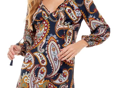 CITY STUDIO Womens Navy Printed Blouson Sleeve V Neck Short Party Shift Dress Discount