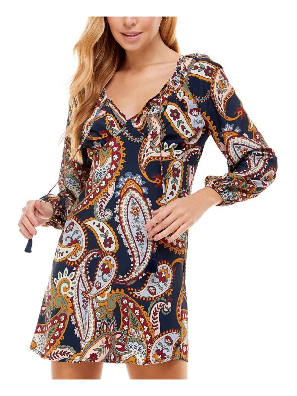 CITY STUDIO Womens Navy Printed Blouson Sleeve V Neck Short Party Shift Dress Discount