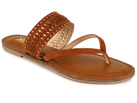 XOXO Womens Brown Weaved Design Thermoplastic Heel Studded Robby Almond Toe Slip On Thong Sandals Shoes M Supply