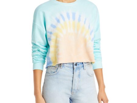 WSLY Womens Light Blue Ribbed Embroidered Cropped Tie Dye Long Sleeve Crew Neck Sweatshirt Online Sale