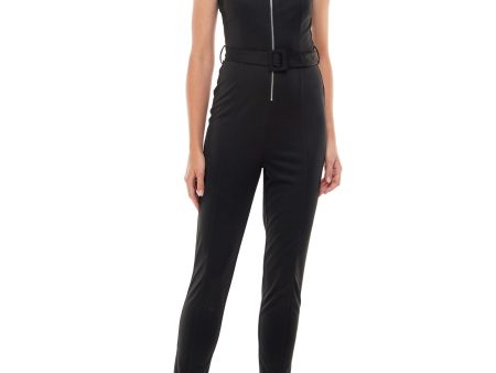 ALMOST FAMOUS Womens Black Stretch Belted Zippered Sleeveless Square Neck Evening Skinny Jumpsuit Online