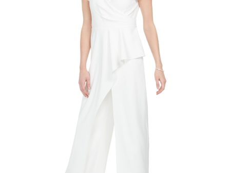 ADRIANNA PAPELL Womens Ivory Zippered Short Sleeve V Neck Wide Leg Jumpsuit Online now