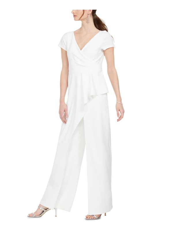 ADRIANNA PAPELL Womens Ivory Zippered Short Sleeve V Neck Wide Leg Jumpsuit Online now