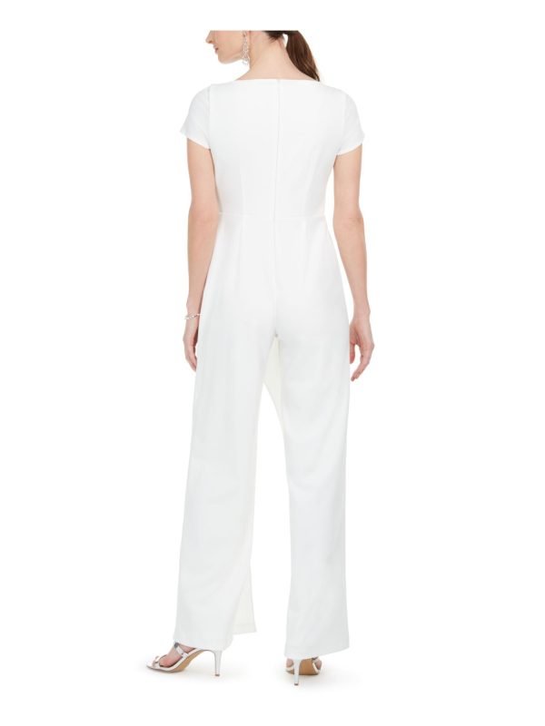 ADRIANNA PAPELL Womens Ivory Zippered Short Sleeve V Neck Wide Leg Jumpsuit Online now