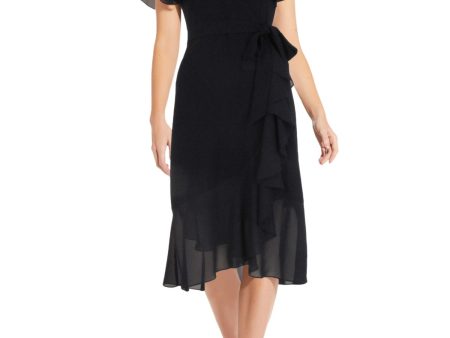 ADRIANNA PAPELL Womens Black Belted Zippered Ruffled Flutter Sleeve Surplice Neckline Below The Knee Wear To Work Faux Wrap Dress Sale