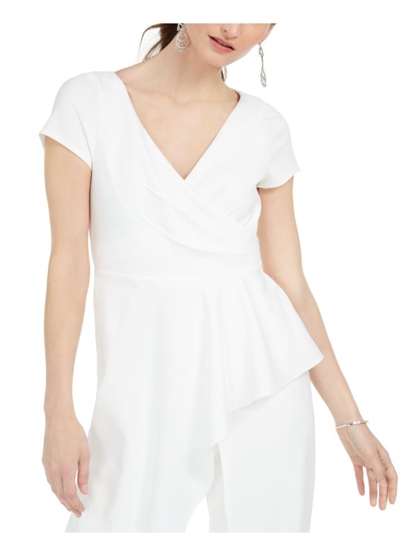 ADRIANNA PAPELL Womens Ivory Zippered Short Sleeve V Neck Wide Leg Jumpsuit Online now