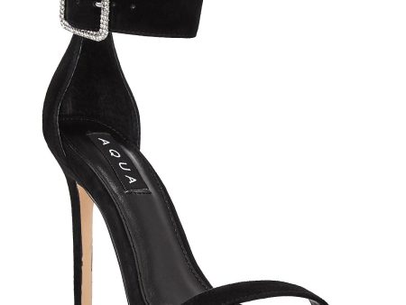 AQUA Womens Black Ankle Strap Rhinestone Blair Square Toe Stiletto Buckle Dress Heeled Fashion