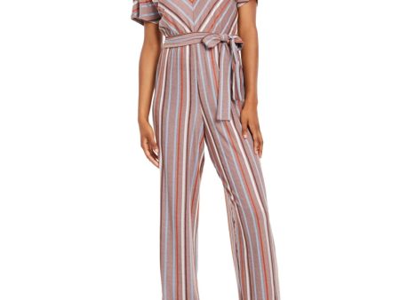 CRYSTAL DOLLS Womens Belted Striped Short Sleeve V Neck Wide Leg Jumpsuit For Cheap