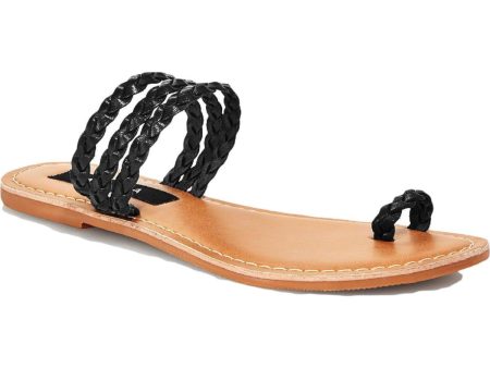 AQUA Womens Black Toe-Loop Cushioned Braided Slay Open Toe Slip On Leather Slide Sandals Shoes Supply