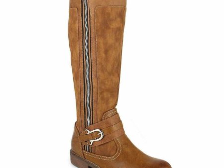 ZIGI SOHO Womens Brown Cushioned Stephany Round Toe Block Heel Zip-Up Riding Boot Supply