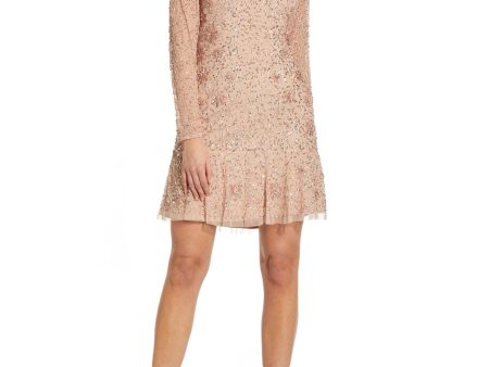 ADRIANNA PAPELL Womens Beige Stretch Beaded Sequined Long Sleeve V Neck Short Cocktail Fit + Flare Dress For Discount