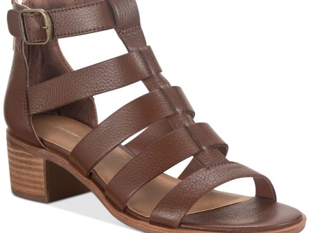 AMERICAN RAG Womens Le Brown Buckle Accent Padded Breathable Strappy Stretch Sonia Round Toe Stacked Heel Zip-Up Leather Gladiator Sandals Shoes M For Discount