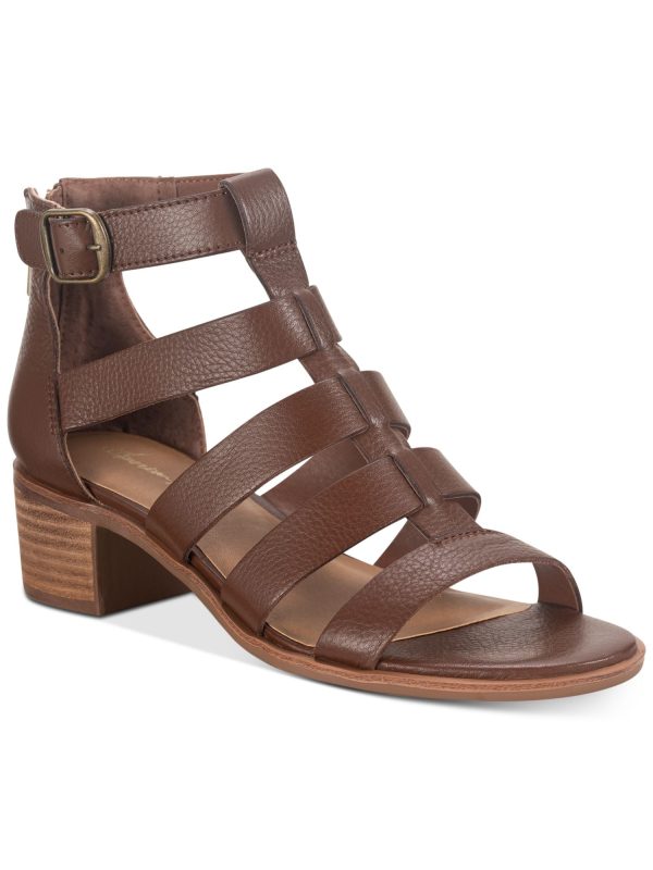 AMERICAN RAG Womens Le Brown Buckle Accent Padded Breathable Strappy Stretch Sonia Round Toe Stacked Heel Zip-Up Leather Gladiator Sandals Shoes M For Discount