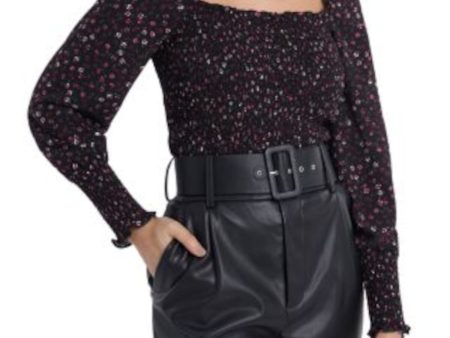 1. STATE Womens Black Stretch Fitted Floral Blouson Sleeve Square Neck Top Sale