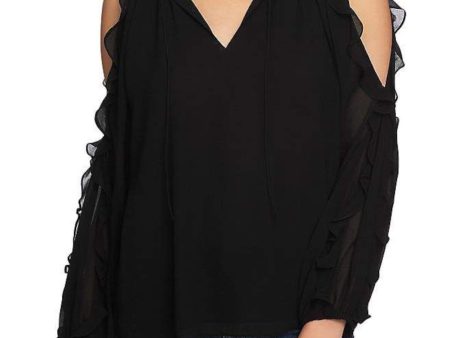 1. STATE Womens Black Cold Shoulder Ruffled Long Sleeve V Neck Blouse Hot on Sale