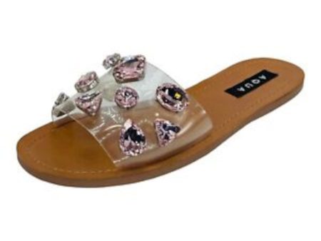 AQUA Womens Clear Translucent Strap Rhinestone Twink Round Toe Slip On Slide Sandals Shoes M on Sale