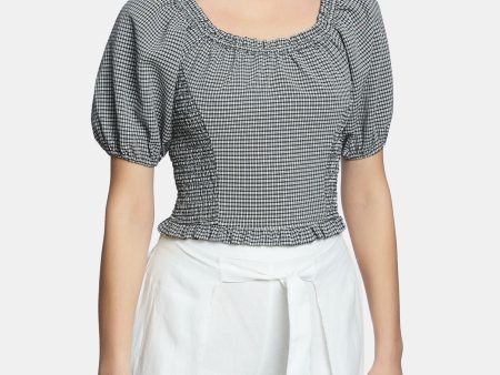 1. STATE Womens Check Short Sleeve Scoop Neck Wear To Work Top Online Hot Sale