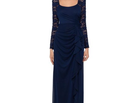 X BY XSCAPE Womens Navy Lace Sequined Long Sleeve Scoop Neck Full-Length Evening Body Con Dress Fashion