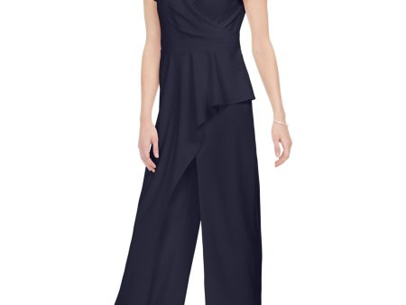 ADRIANNA PAPELL Womens Navy Zippered Ruffled Cap Sleeve V Neck Evening Wide Leg Jumpsuit Hot on Sale